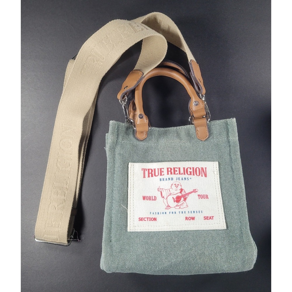 TRUE RELIGION GREEN CANVAS BUDDHA LOGO TOTE BAG PURSE Shoulder Strap